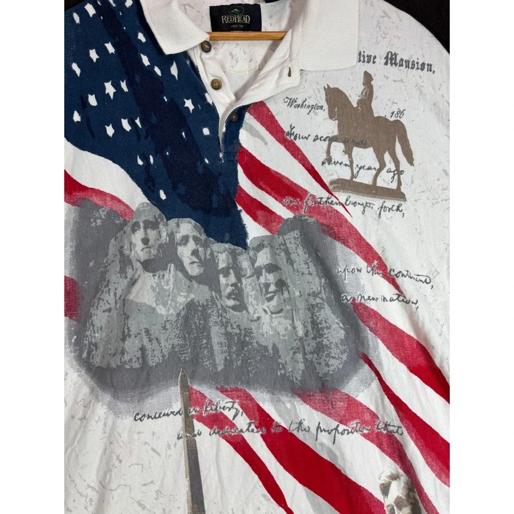 RedHead Mens 2X Americana Polo Shirt USA Flag Mount Rushmore All‎ Over Print EUC